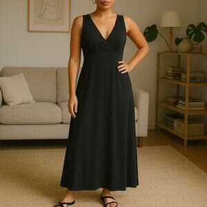 1970s Vintage Black Maxi Dress Sleeveless Deep V Neck Boho Glam